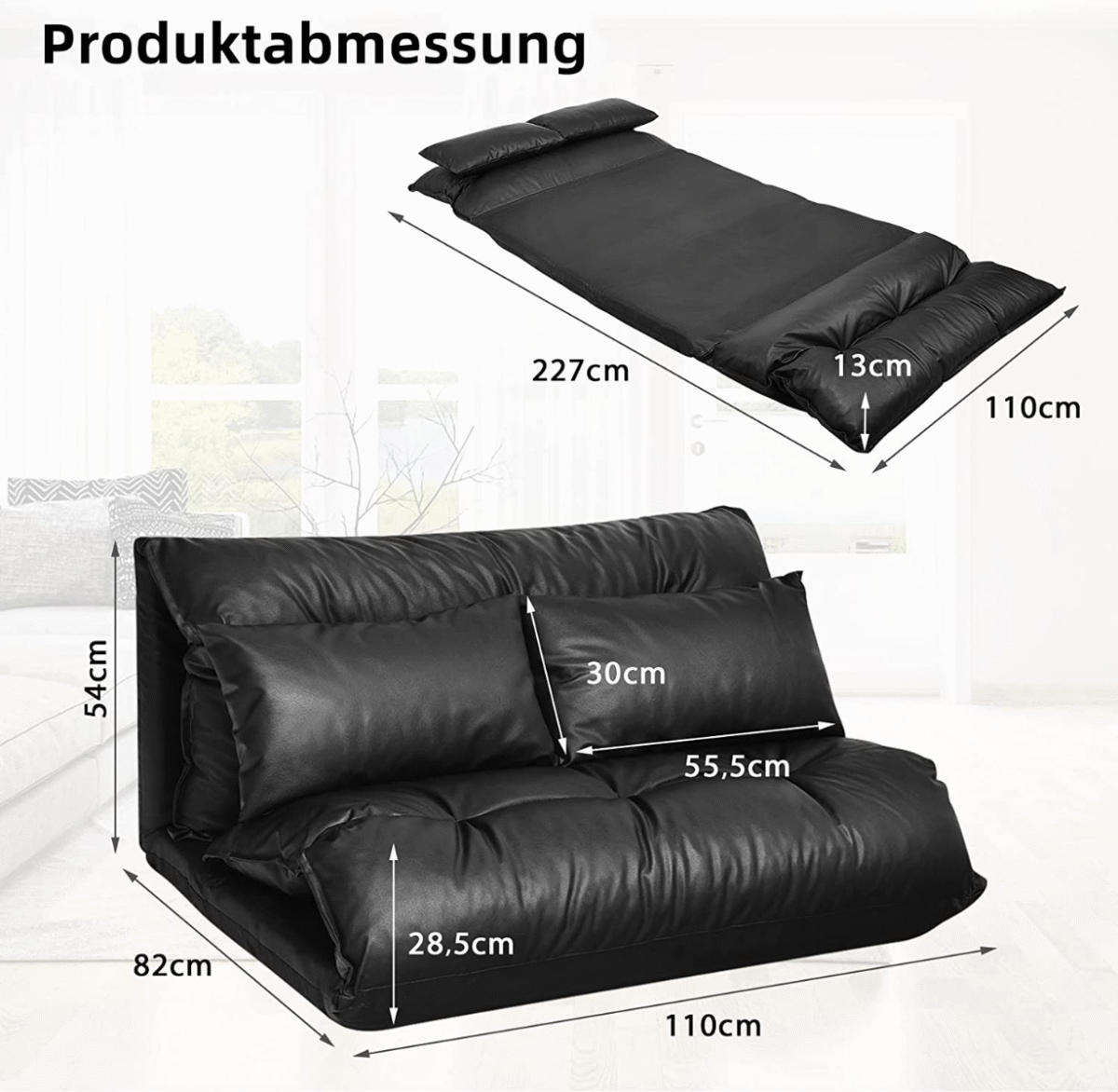 Sankabos tipo reguliuojama grindų sofa su 2 pagalvėlėmis (Juoda)