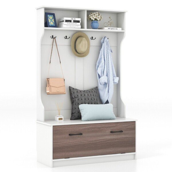 Drabužinė su suoliuku ir penkiais dvigubais kabliukais (Balta)