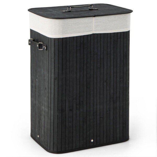 Sulankstomas bambukinis skalbinių krepšys su dangčiu ir rankenomis (Juoda)