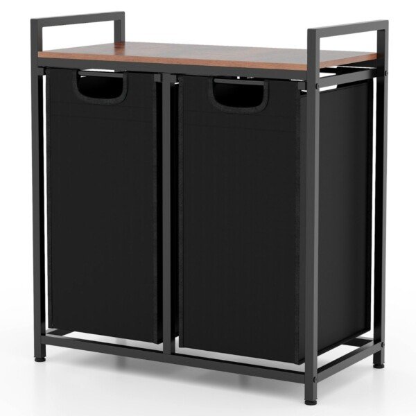 Dvigubas skalbinių krepšys su lentyna ir išimamos talpyklos (Juoda)