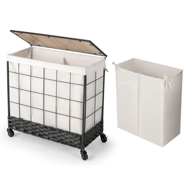 Talpus skalbinių krepšys su ratukais ir dangčiu (Juoda)