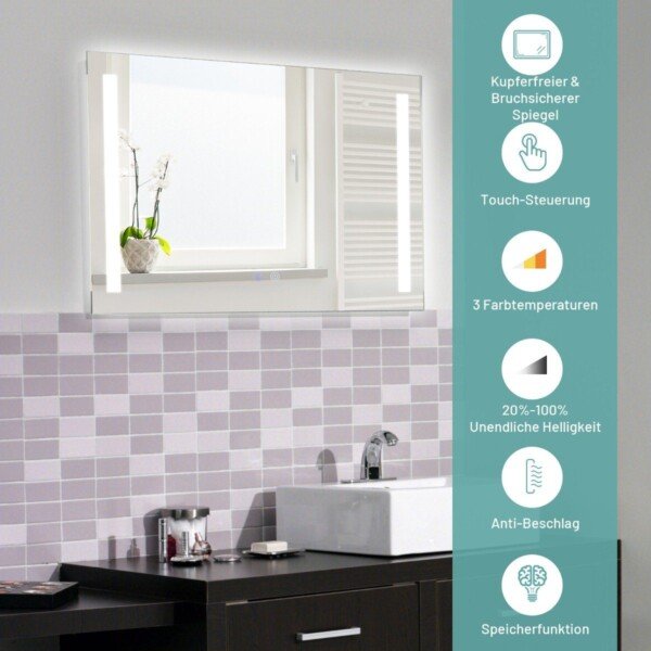 Sieninis LED veidrodis 80x60 cm su reguliuojamu ryškumu (Sidabrinė)