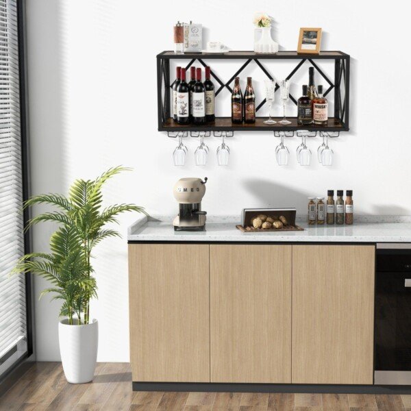 Sieninis vyno laikiklis su taurių laikikliais (Juoda)