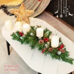 Kalėdinis stalo papuošimas su trimis žvakių laikikliais (Žalia ir balta)