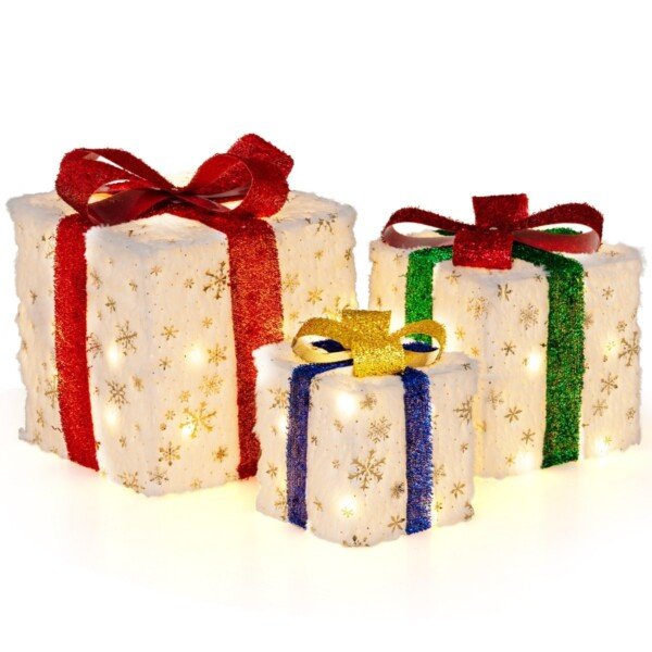 3 apšviestų kalėdinių dovanų dėžių rinkinys su LED ir laikmačiu (Įvairiaspalvė)