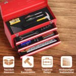 Metalinė įrankių dėžė su trimis stalčiais ir viršutine lentyna (Raudona)