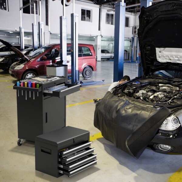 Mobilus įrankių vežimėlis su nuimamu viršumi ir penkiais stalčiais (Juoda)