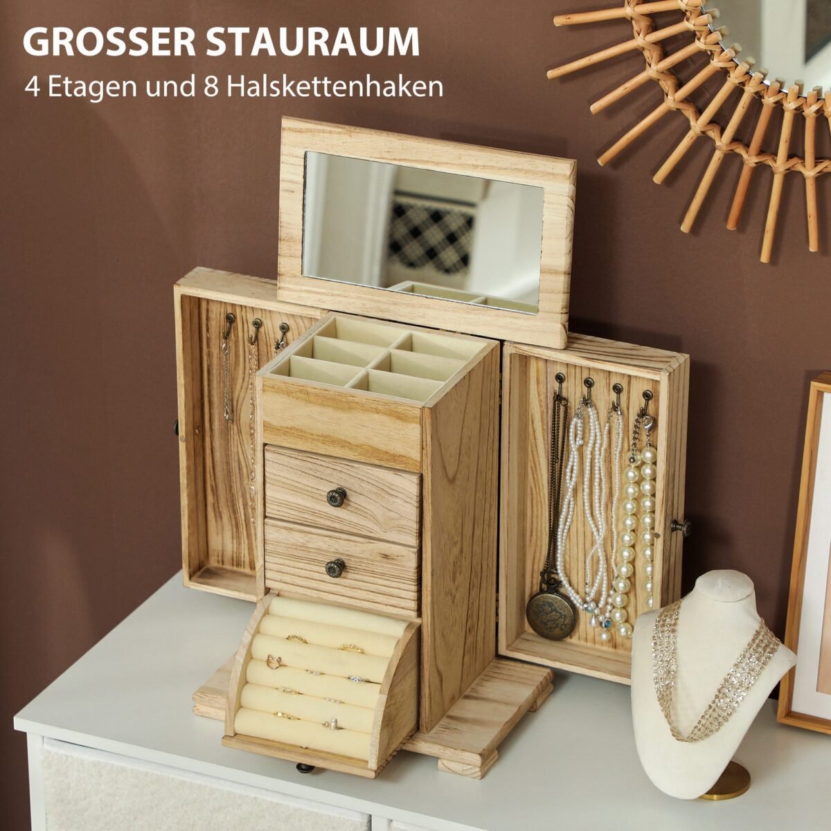 Medinis keturių pakopų papuošalų organizatorius su veidrodžiu