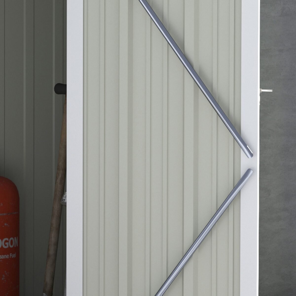 Plieninis sodo sandėliukas su nuožulniu stogu ir rakinamomis durimis