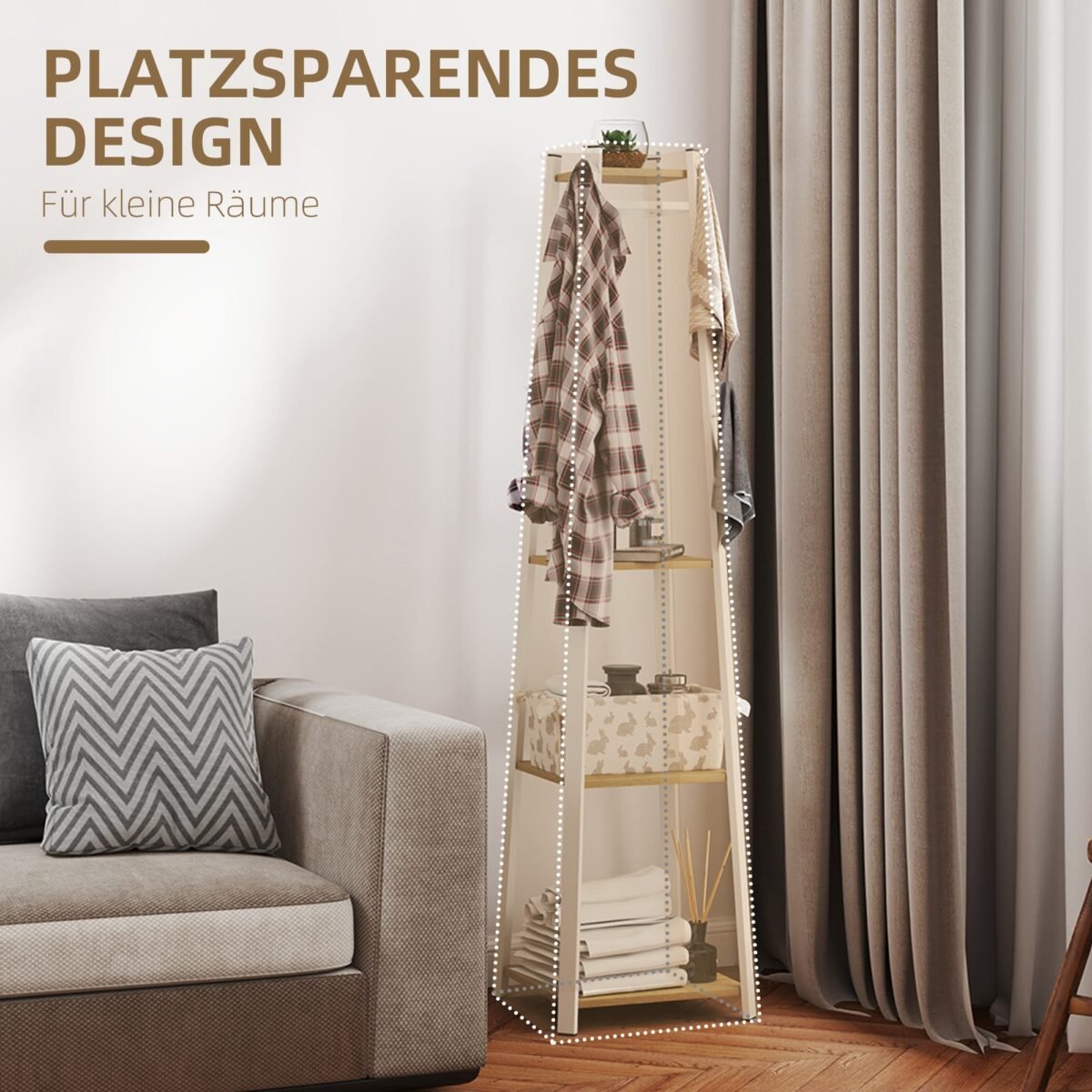 Trapecinio dizaino kabykla drabužiams su trijų lygių lentyna