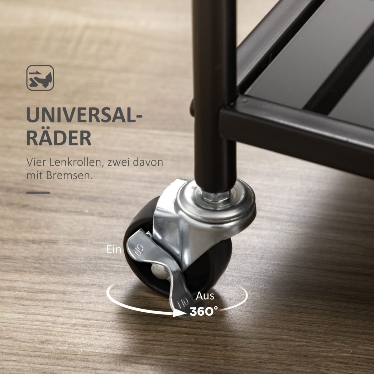 Virtuvinis vežimėlis ant ratukų su 2 grūdinto stiklo lentynomis