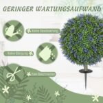 Du UV spinduliams atsparūs dirbtiniai levandų medeliai su žemės kuoliukais