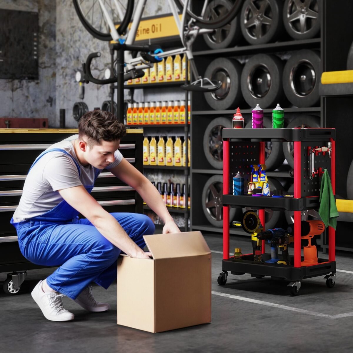 Trijų lentynų mobilus įrankių vežimėlis