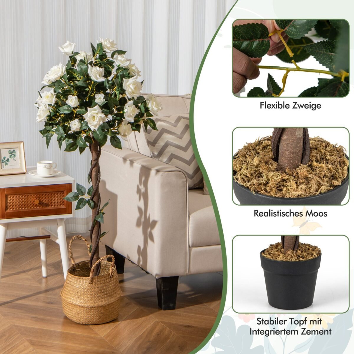 Dirbtinis rožių medis 120 cm (Balta)