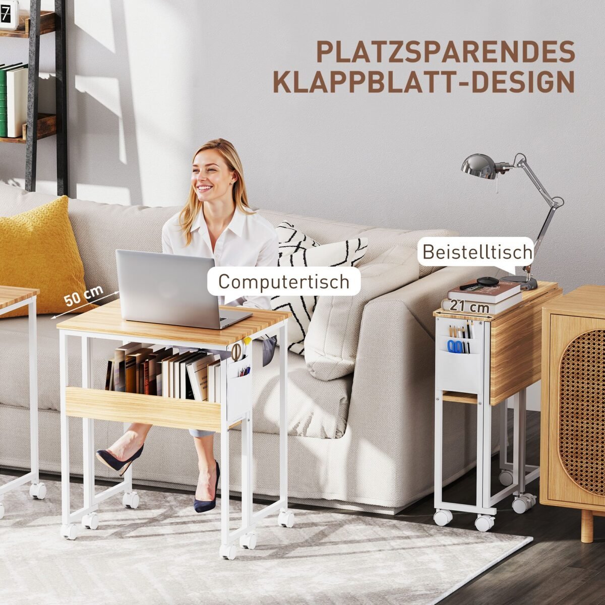 Sulankstomas rašomasis stalas su šoninio staliuko funkcija ir ratukais