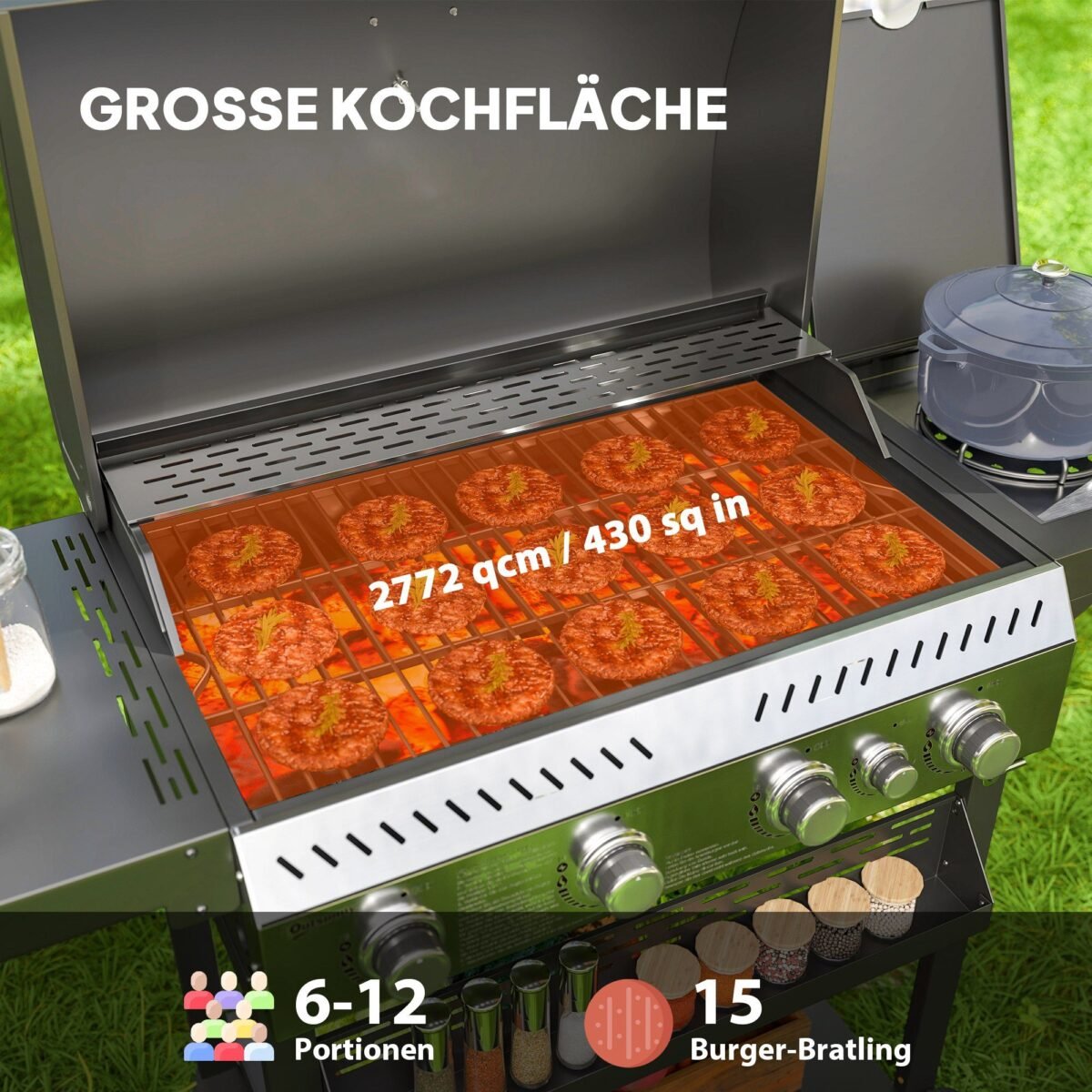 Dujinis grilis su 4 pagrindiniais degikliais, šoniniu degikliu ir pašildymo plokšte