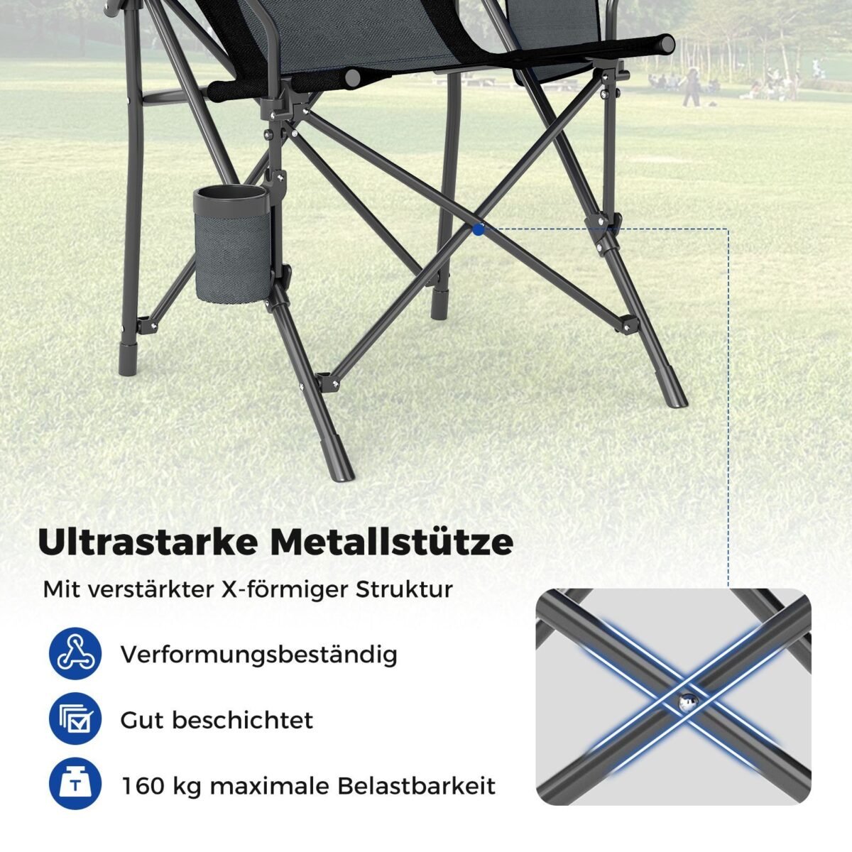 Sulankstoma kempingo kėdė su puodelio laikikliu ir šonine kišene (Juoda)