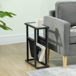 Siauras pristatomasis staliukas su stikliniu stalviršiu ir audinio krepšiu