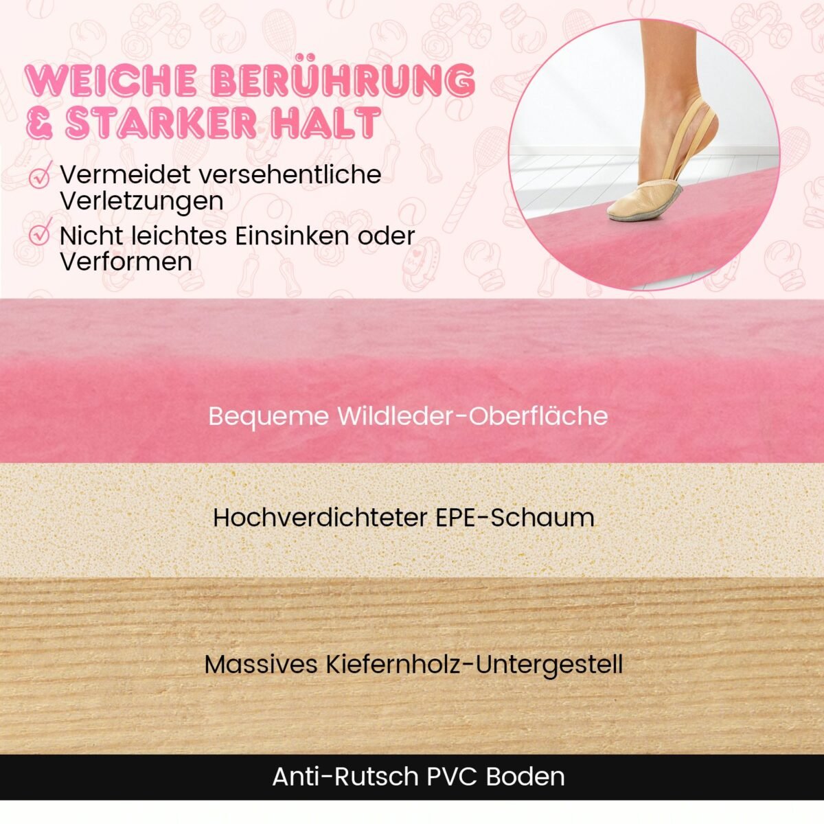 Sulankstomas gimnastikos balanso takelis 240 cm (Rožinė)