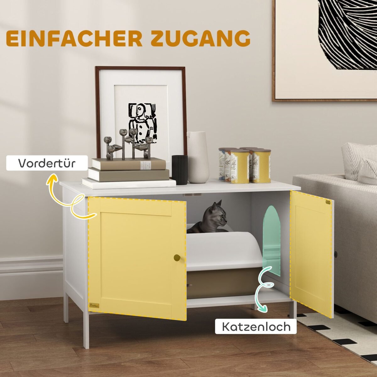 Uždaras kačių tualeto staliukas su skyriumi ir anga didelėms katėms, 80 x 51 x 54 cm