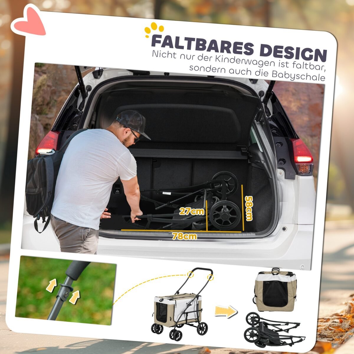 Sulankstomas gyvūnų vežimėlis su nuimamu krepšiu