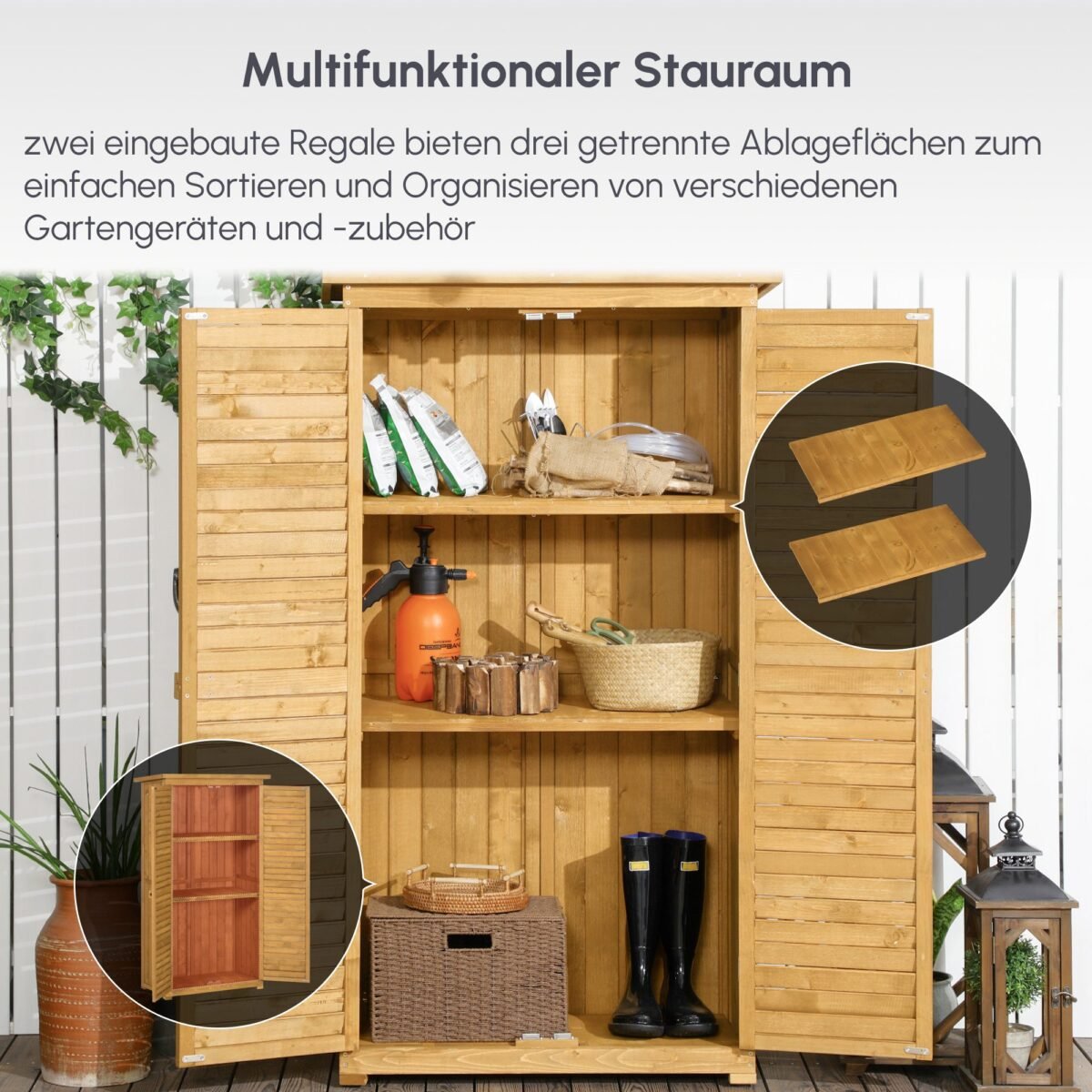 Atsparus orams sodo sandėliukas su žaliuzinėmis durimis ir 3 lentynomis