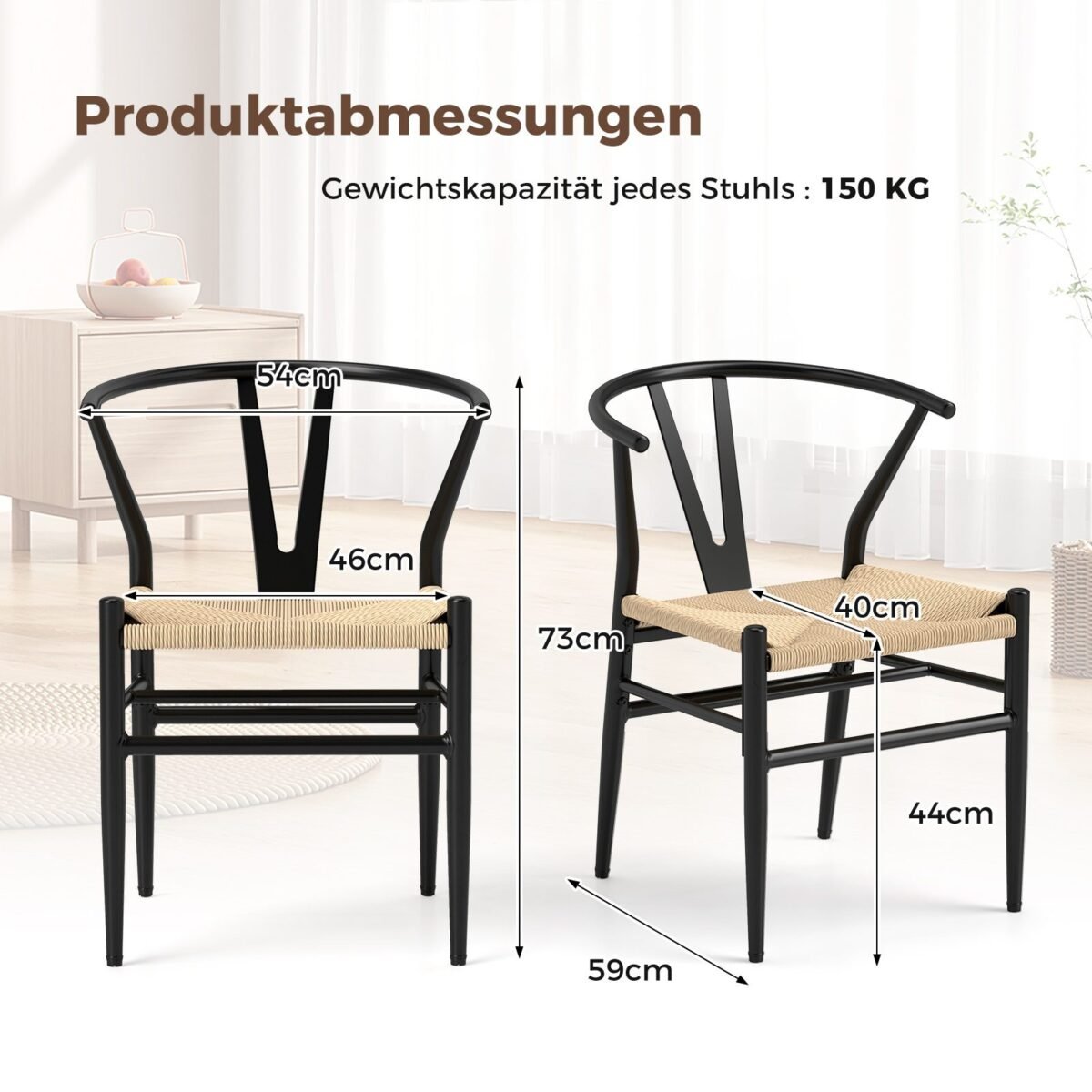 Valgomojo kėdžių komplektas su Y formos atlošu ir pintomis sėdimomis vietomis (Smėlio)