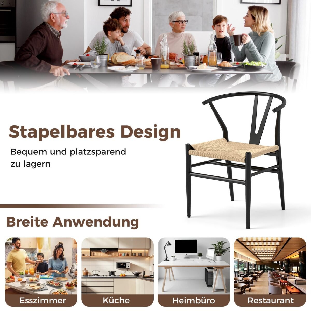 Valgomojo kėdžių komplektas su Y formos atlošu ir pintomis sėdimomis vietomis (Smėlio)