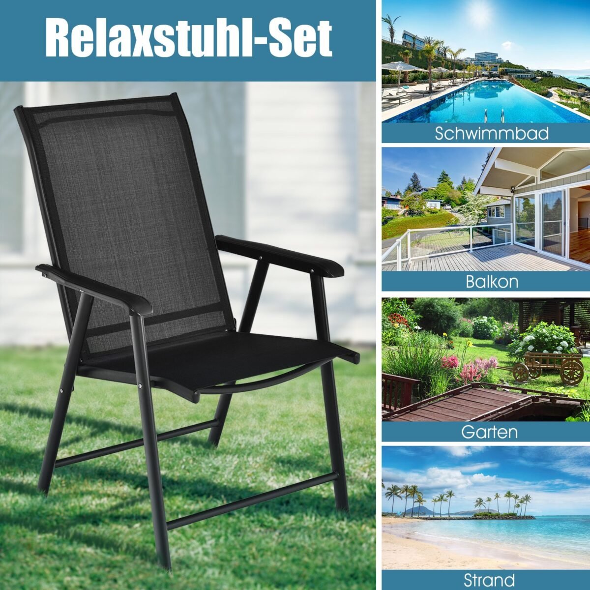 Sulankstomos lauko kėdės su atrama nugarai (2 vnt) (Juoda)