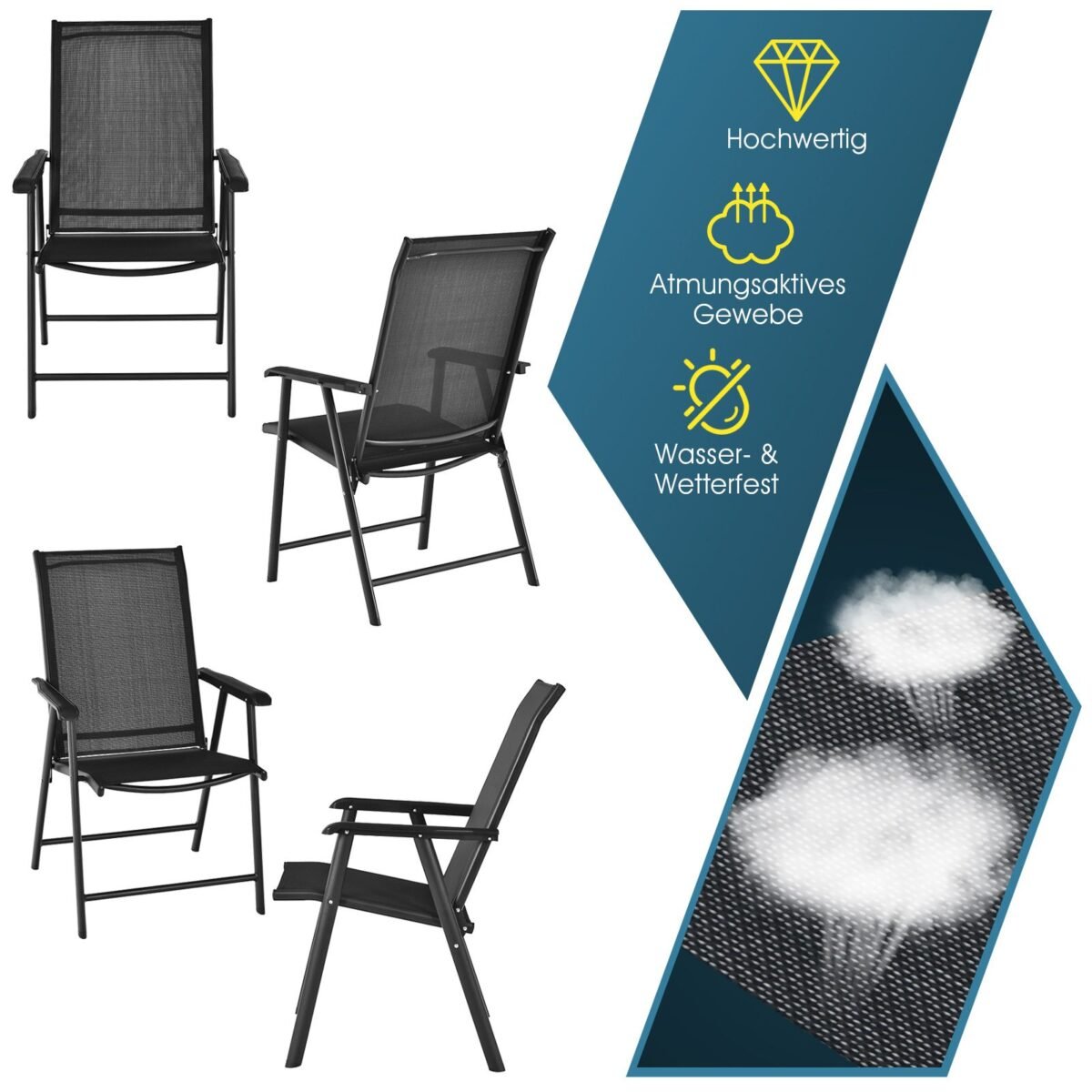 Sulankstomos lauko kėdės su atrama nugarai (2 vnt) (Juoda)