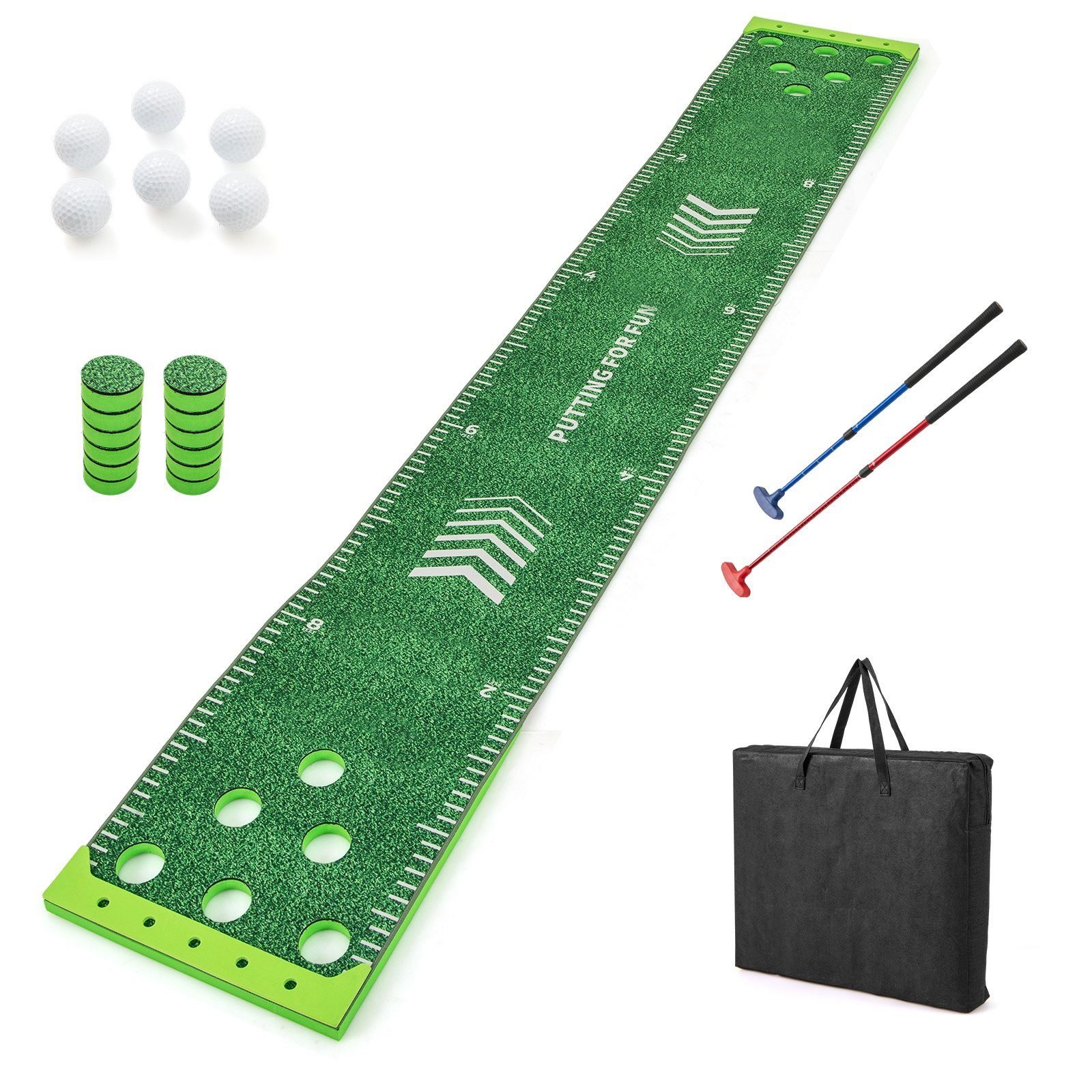 332cmgolfputtingmattemit2verstellbarenschlgern6bllengolfbungsmattegolftrainingsmatte_image_2 332 cm golfo putinimo takelis su reguliuojamais smūgikliais ir kamuoliukais (Žalia)