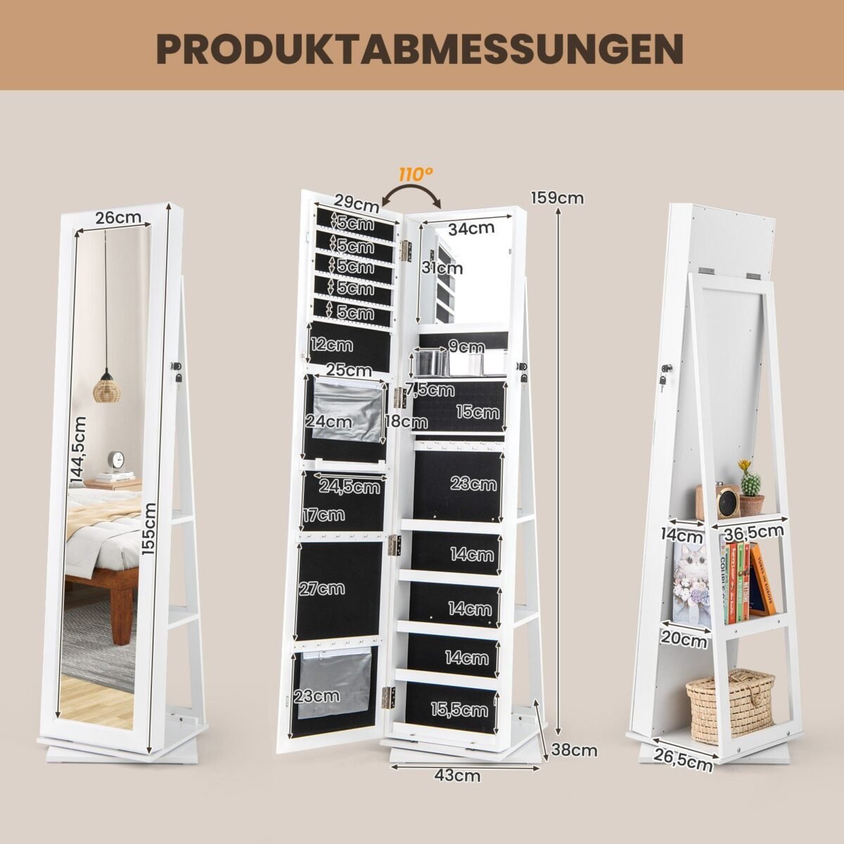 360° besisukanti papuošalų spintelė su viso kūno veidrodžiu (Balta)