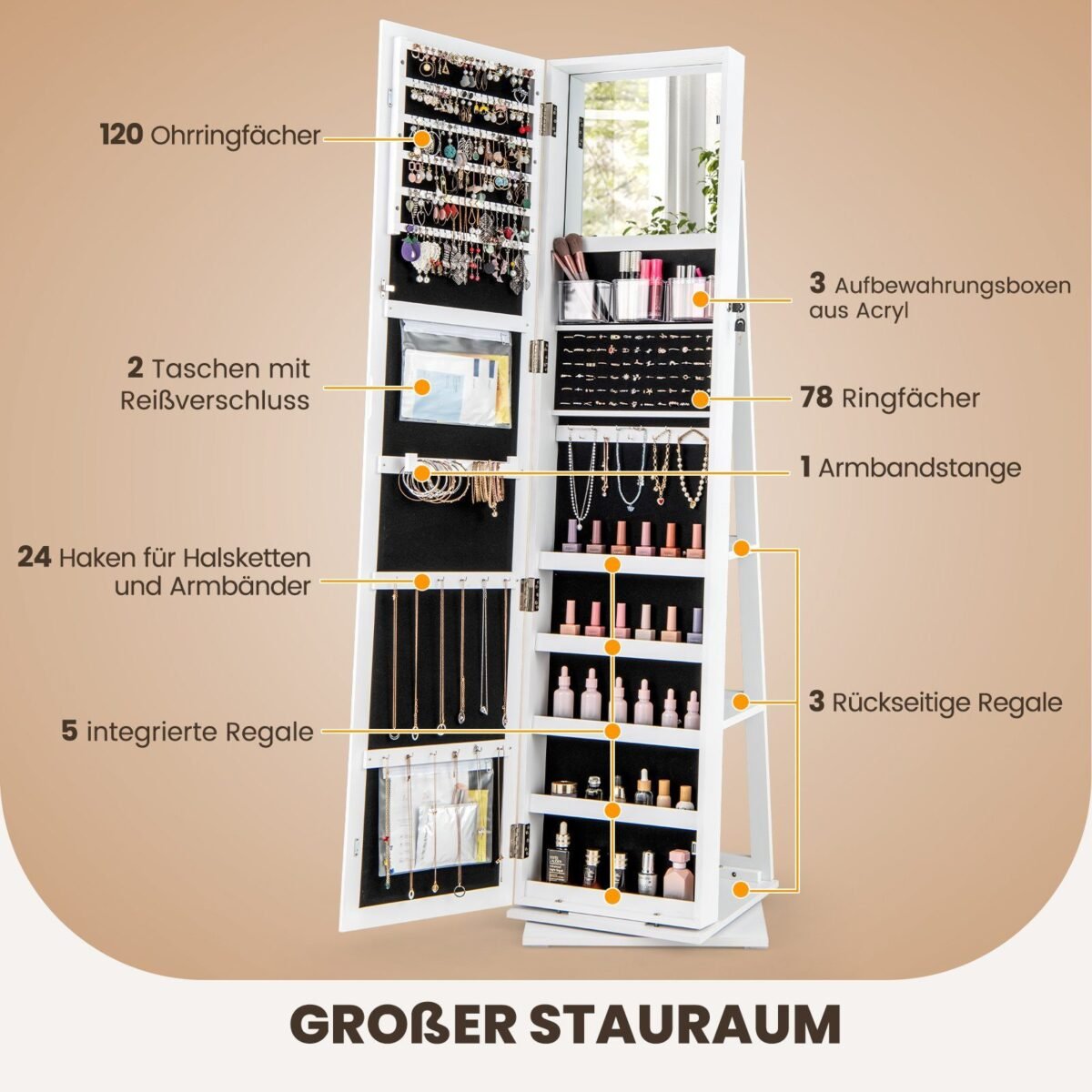 360° besisukanti papuošalų spintelė su viso kūno veidrodžiu (Balta)