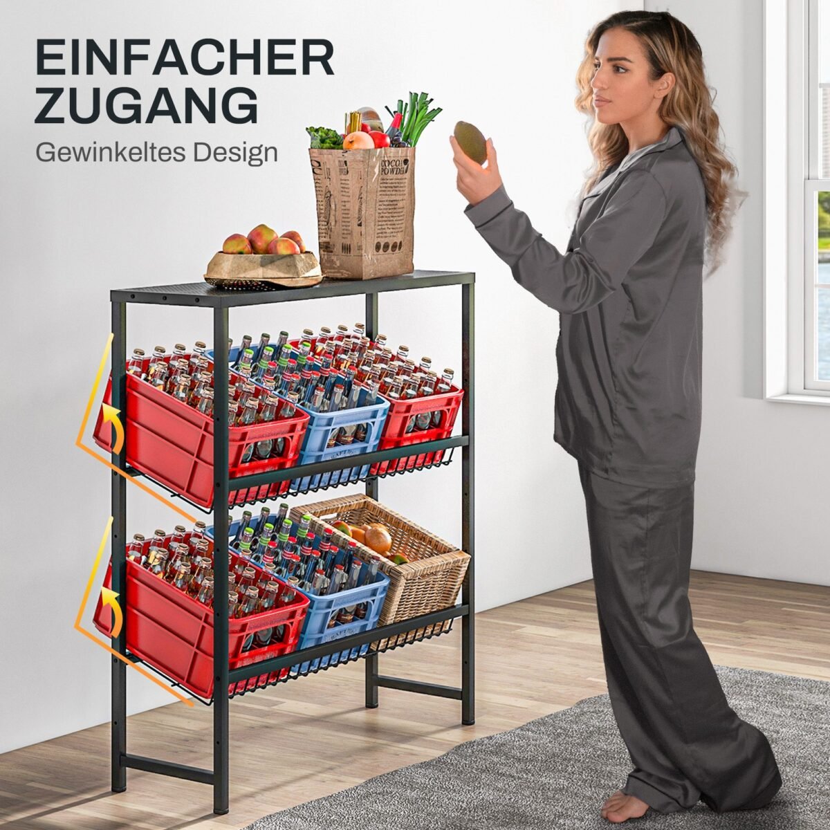 Reguliuojamo aukščio gėrimų dėžių stovas su pasvirusiais laikikliais