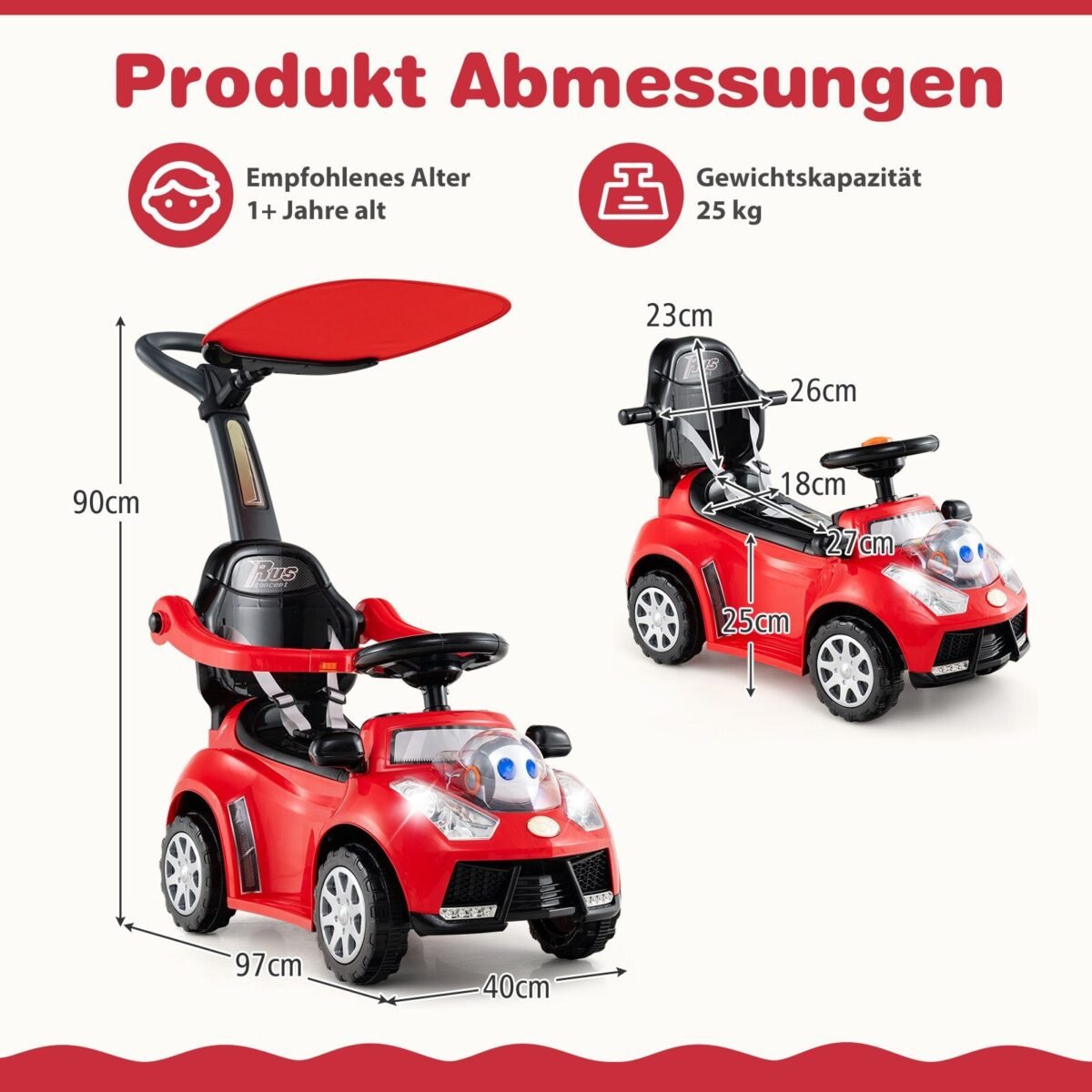 Vaikiškas automobilis su stūmimo rankena ir daiktų dėže (Raudona)