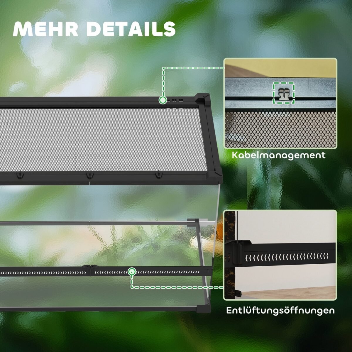 Reptilijų stiklinis terariumas su pakeltu, vandeniui atspariu dugnu ir mygtukiniu užraktu