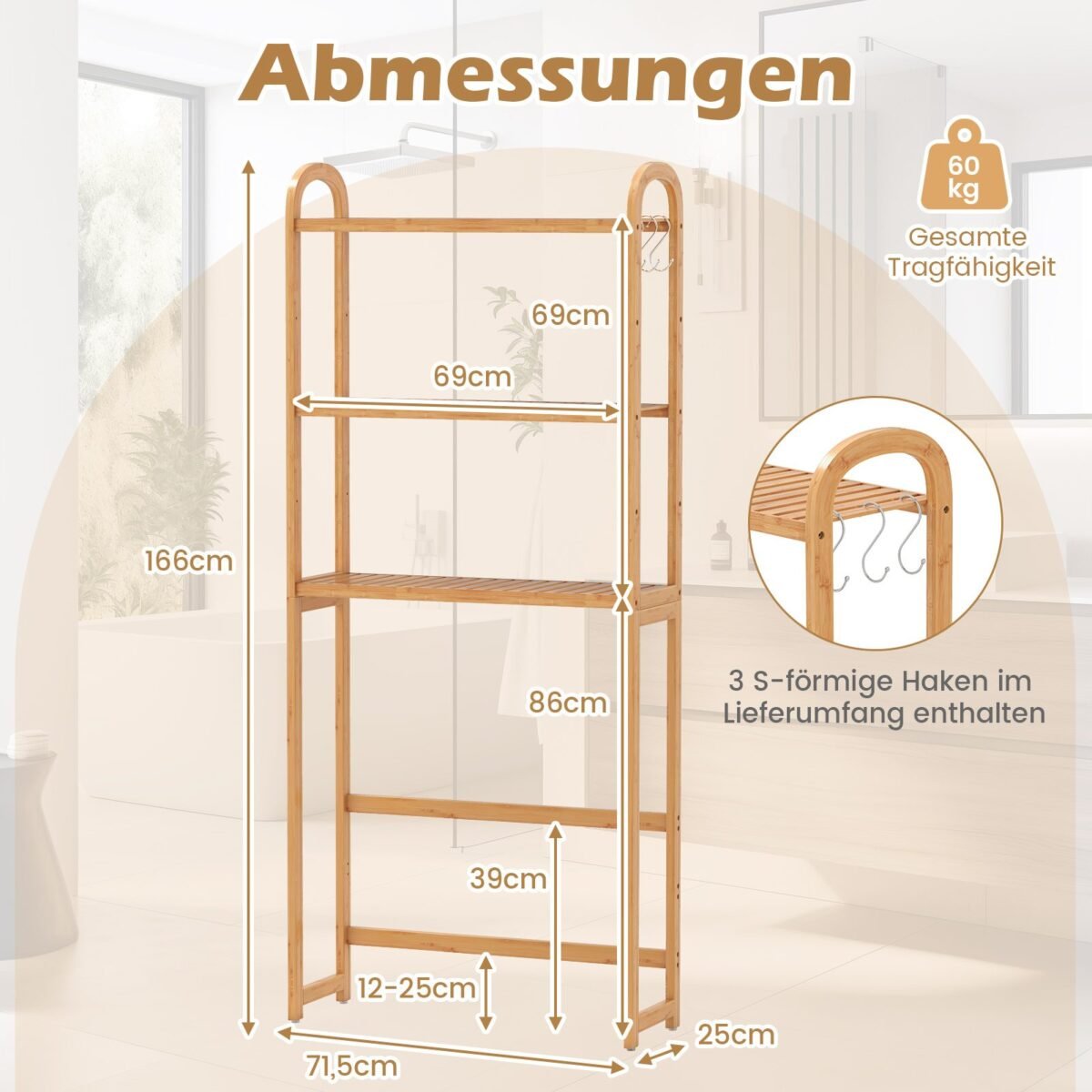 Trijų aukštų bambukinė lentyna virš unitazo (Natūrali)