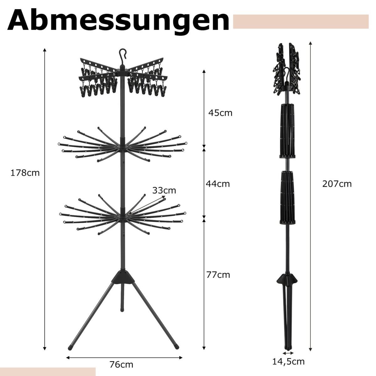 Trijų pakopų sulankstomas 178 cm drabužių džiovintuvas (Juoda)