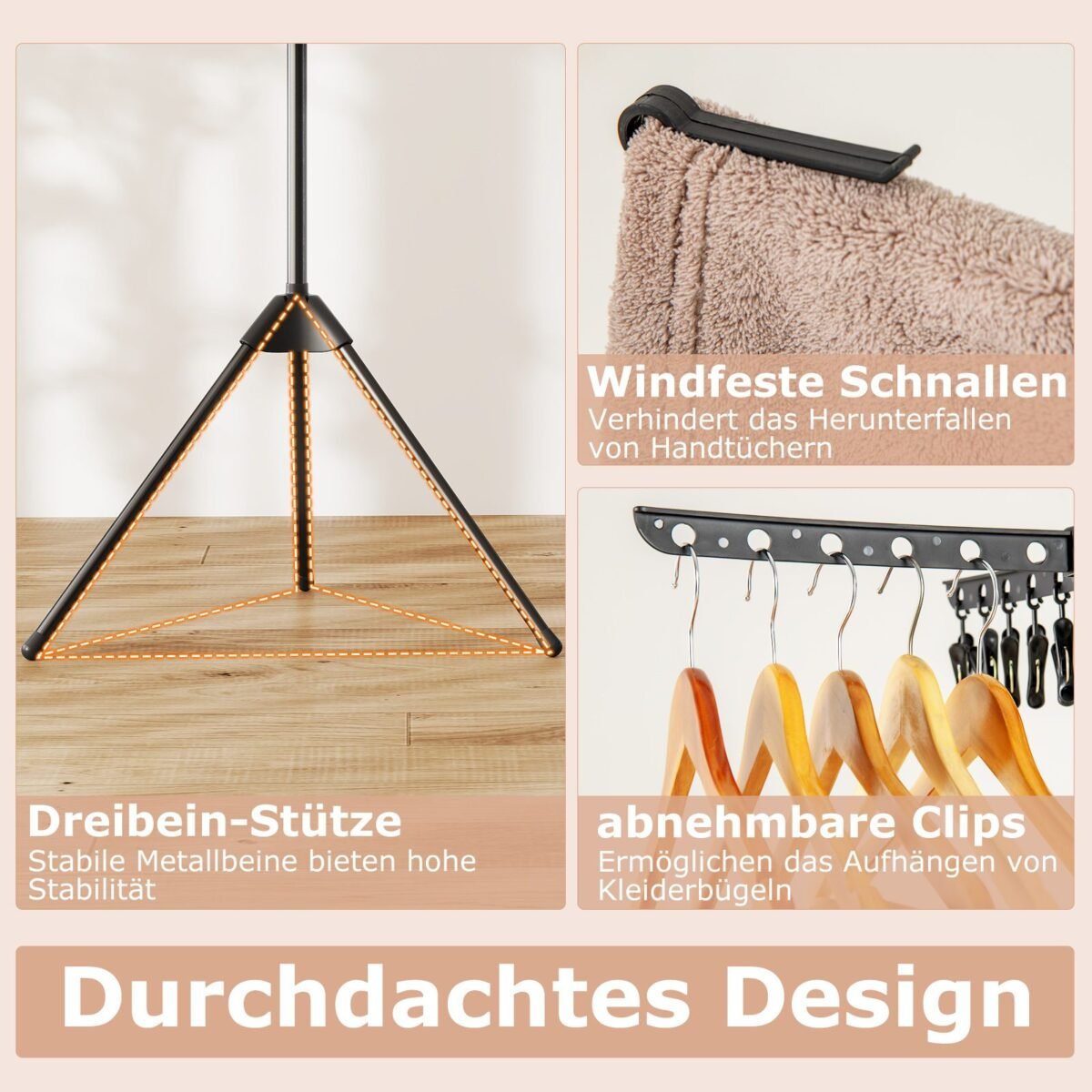 Trijų pakopų sulankstomas 178 cm drabužių džiovintuvas (Juoda)