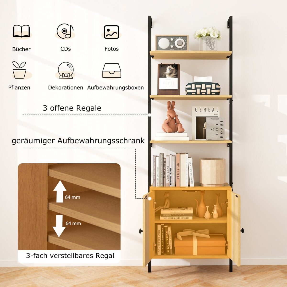 3 pakopų atviras bibliotekos modulis su spintele (Natūrali)