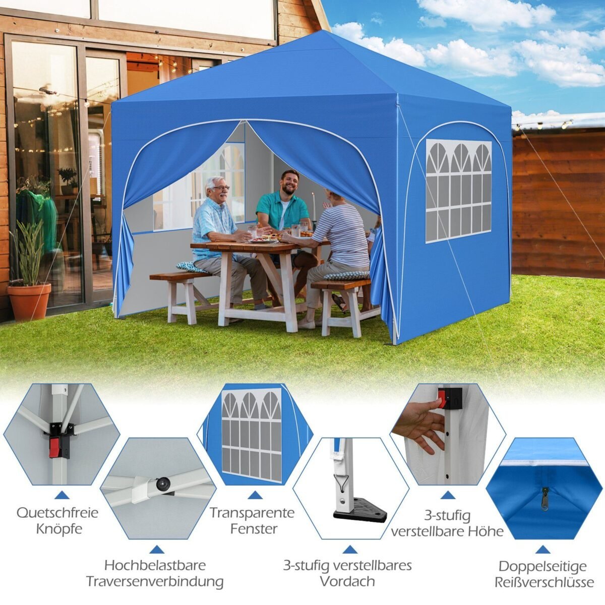 Sulankstomas 3x3m paviljonas lauko renginiams (Mėlyna)