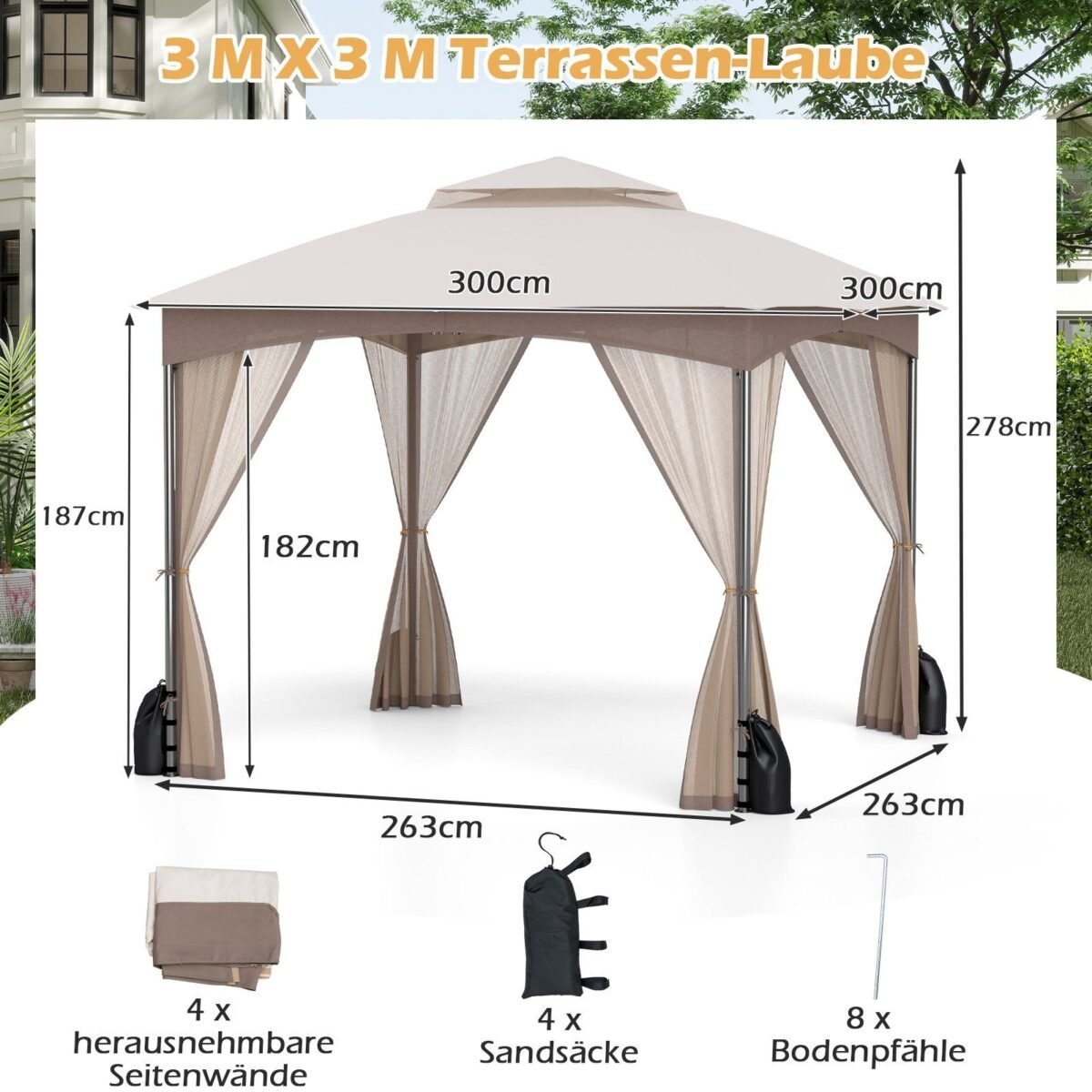 Sodo paviljonas su tinkleliu nuo uodų ir keturiais smėlio maišais (Chaki)