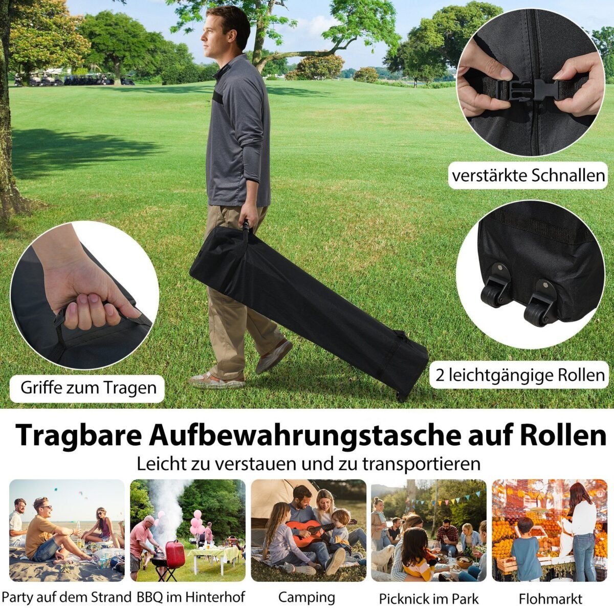 Tiesiai išskleidžiama pavėsinė 3x3m su šonine sienele ir ratukine taše (Pilka)