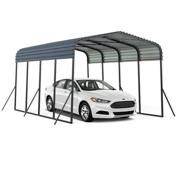 Patvarus 440 x 300 cm automobilio stoginė su metaliniu stogu (Juoda)