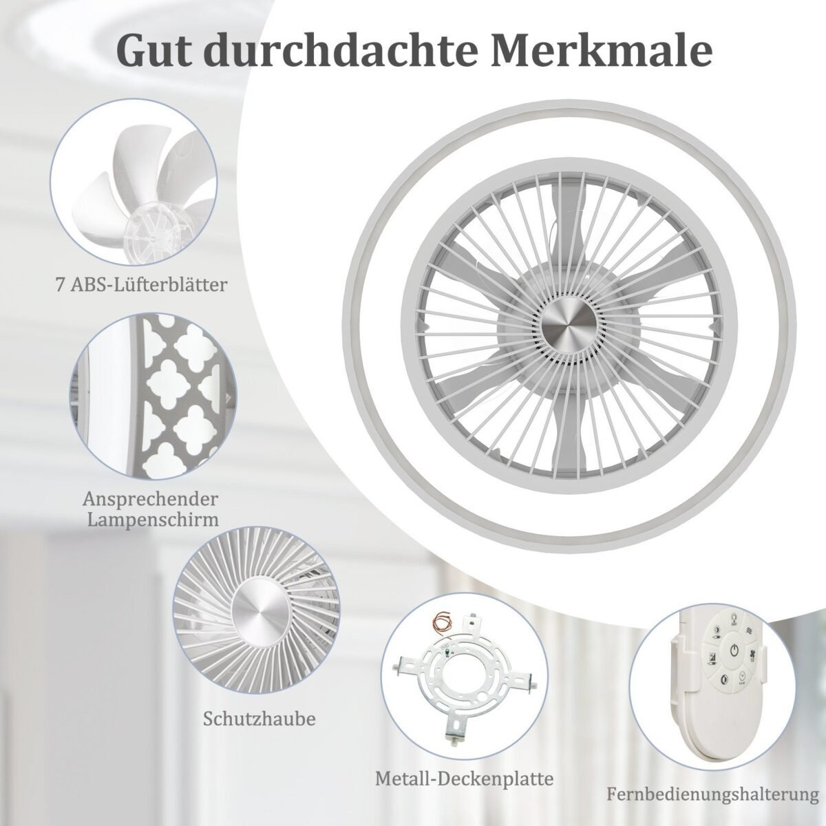 Lubinis ventiliatorius su LED apšvietimu ir nuotolinio valdymo pultu (Balta)