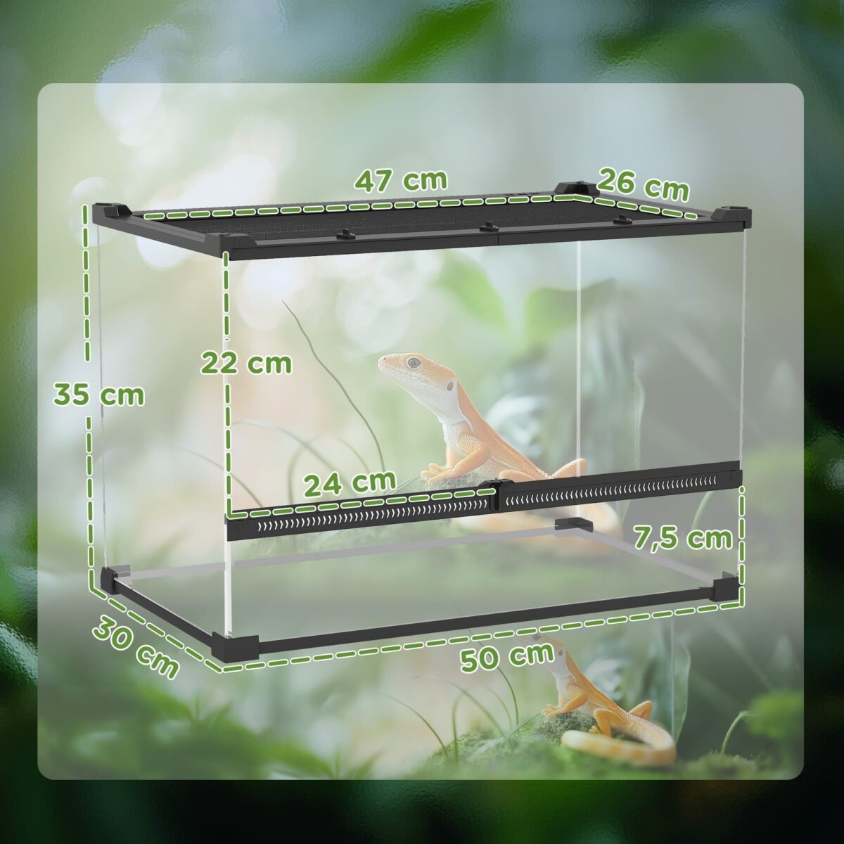 Reptilijų stiklinis terariumas su pakeltu, vandeniui atspariu dugnu ir mygtukiniu užraktu