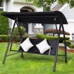 3 vietų poliratano sodo sūpuoklės su stogeliu ir iki 360 kg apkrovos