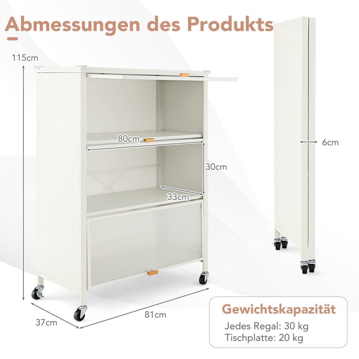 4 pakopų virtuvės lentyna su ratukais ir atidaromomis durelėmis (Balta)