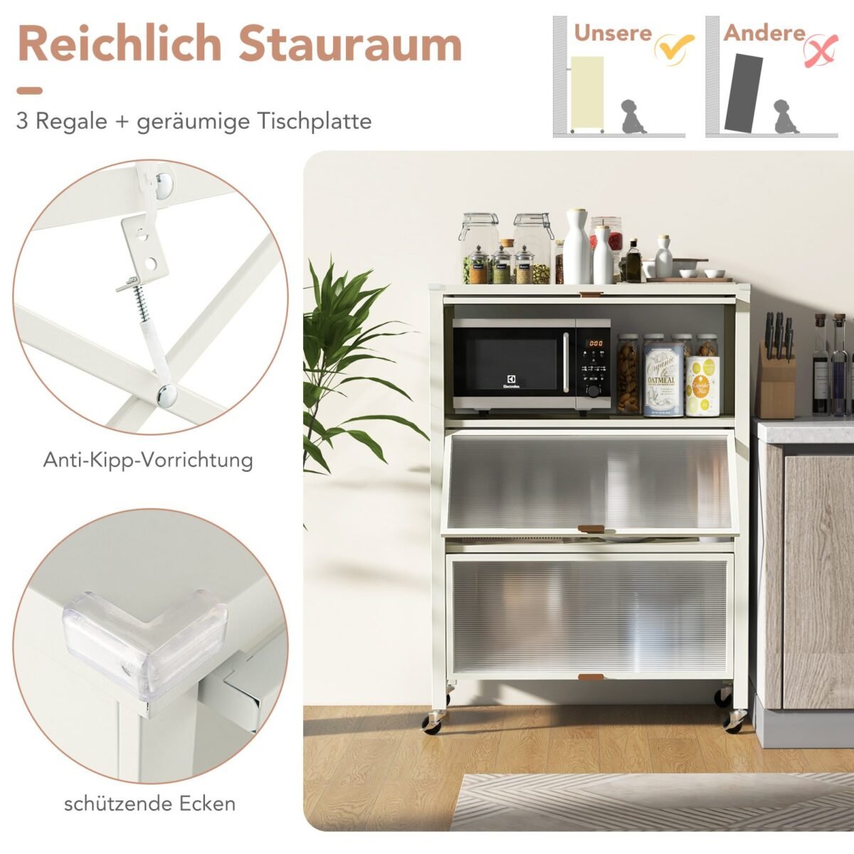 4 pakopų virtuvės lentyna su ratukais ir atidaromomis durelėmis (Balta)