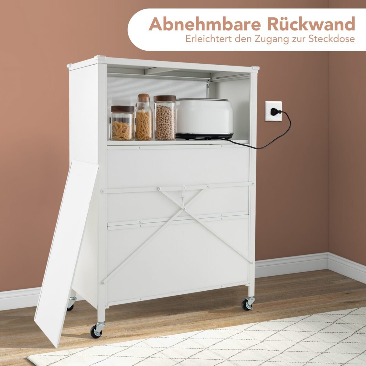 4 pakopų virtuvės lentyna su ratukais ir atidaromomis durelėmis (Balta)